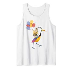 a white tank top with an image of a bird holding balloons