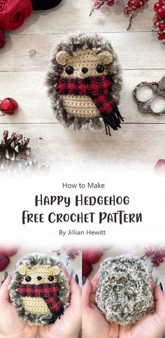 two crocheted hedgehogs are shown with text overlay that says how to make happy hedgehog free crochet pattern