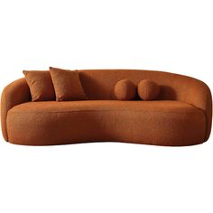 an orange couch with three pillows on it