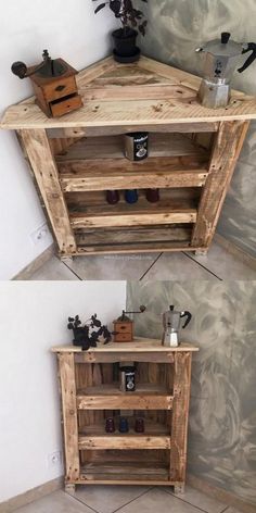 two pictures of the same wooden shelf