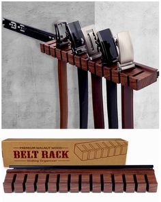 the belt rack is made out of wood and has four different belts on each end