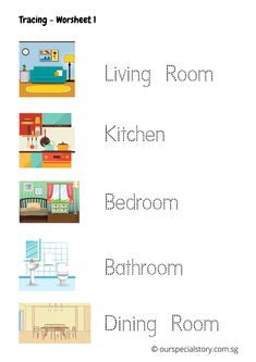 the living room, kitchen and dining room worksheet is shown in three different colors