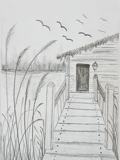 a pencil drawing of a dock with seagulls flying over it