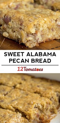 two pictures showing different types of food on top of each other and the words sweet alabama pecan bread below