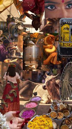 a collage of pictures with food, people and animals in the middle one is holding a fan