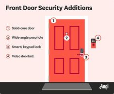 4 front door security additions illustrated, including wide-angle peephole and video doorbell Front Door Security, Door Security, Front Entry Doors, Video Doorbell, Security Door, Wide Angle, Entry Doors, Home Security