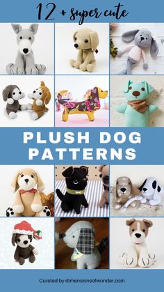 twelve different stuffed animals with text overlay that reads 12 super cute plush dog patterns