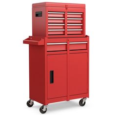 a red tool cabinet sitting on top of a dolly