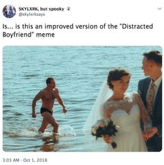 a man and woman are walking in the water with each other on their wedding day