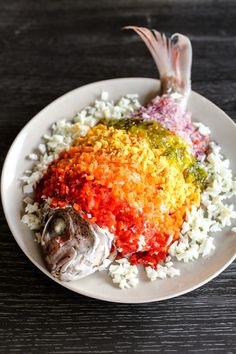 a white plate topped with rice and other food