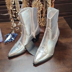 Never Worn. Have My Eye On Another Pair. Silver Casual Boots For Spring, Casual Silver Boots For Spring, Trendy Silver Summer Boots, Casual Forever 21 Boots For Spring, Chic Forever 21 Spring Boots, Casual Party Boots By Forever 21, Forever 21 Casual Party Boots, Shoes Silver, Forever 21 Shoes