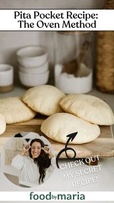 the recipe for pita pockets is shown on a cutting board with text overlay