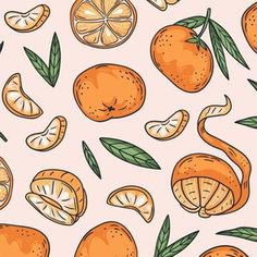 oranges with leaves and slices on a light pink background seamless wallpaper pattern