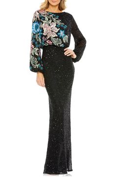 Mac Duggal Embellished Sequin Long Sleeve Blouson Gown | Nordstrom Black Gown Long Sleeve, Red Carpet Dresses Prom, Black Tie Gowns, Sparkle Dresses, Evening Gowns Online, Gown Long Sleeve, High Neck Gown, Come Undone, Elegant Dresses For Women