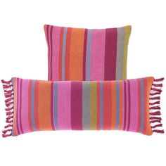 two multicolored striped pillows with tassels on the ends, one pink and one orange