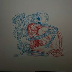 a drawing of a skeleton hugging a woman