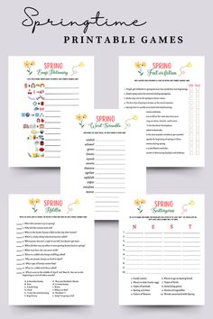 Get our 5 Pack of Spring games bundle instantly with a printable PDF download! Perfect for parties, gatherings, or classroom fun, these games are sure to entertain everyone, both adults and kids alike. With an answer key included where applicable, simply download, print, and enjoy the fun with friends and family! Activities Adults, Spring Party Ideas, Springtime Activities, Party Games Printable