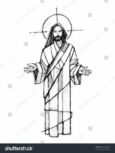 the jesus is holding his hands out in front of him, hand drawn on white paper