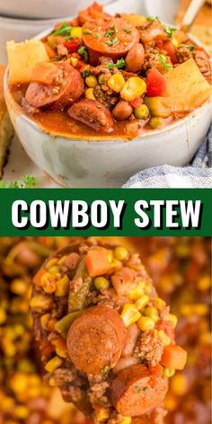 cowboy stew with corn and sausage in a white bowl