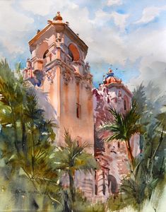 a watercolor painting of an old building with palm trees