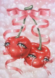 two cherries with ribbons tied around them on a pink background, one is red and the other has black eyes