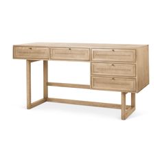 a wooden desk with three drawers on it