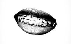 a black and white photo of an open mouth with teeth on the outside, in front of a white background