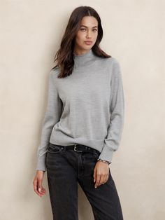 Merino Wool Turtleneck Sweater | Banana Republic Factory Gray Merino Wool Top For Fall, Winter Merino Wool Tops With Ribbed Cuffs, Merino Wool Turtleneck With Ribbed Cuffs For Work, Wool Turtleneck With Ribbed Cuffs, Wool Turtleneck With Ribbed Cuffs Long Sleeve, Wool Long Sleeve Turtleneck For Layering, Classic Heather Grey Tops For Fall, Classic Heather Grey Fall Tops, Classic Heather Grey Fall Top