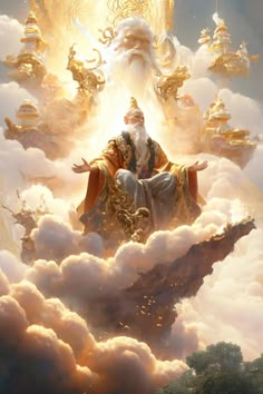 a man sitting on top of a cloud filled sky next to clouds with gold trimmings