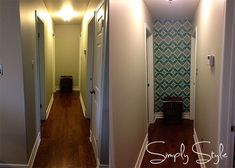 the hallway before and after remodeling with wallpaper on the back walls