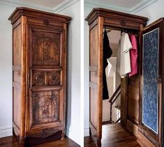 an old wooden armoire in an upstairs bedroom with wood flooring and white walls