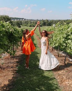 two women in orange dresses are walking through the vineyard with their arms up to each other