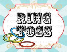 the word ring toss with two rings in front of it on a blue and white background