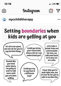 an instagram page with two speech bubbles and the words setting boundariess when kids are yelling at you