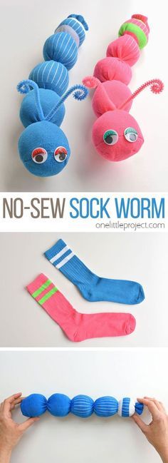 three pictures of different types of socks with the words no sew sock worm on them