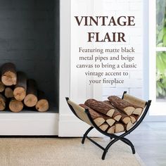 a fireplace with wood stacked on top of it and the words vintage flair above it