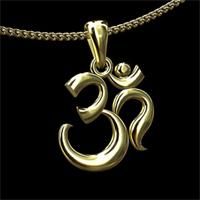 a gold pendant with an omen symbol hanging from it's side on a black background