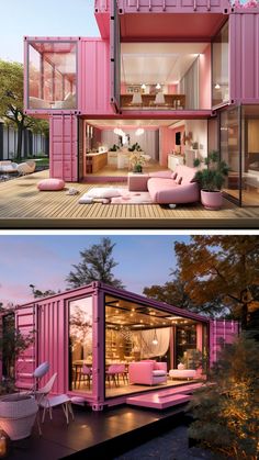 two pictures side by side with pink shipping containers