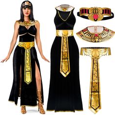 an egyptian woman in black and gold dress with accessories for her headpieces, necklaces, and bracelets