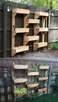 an outdoor garden with wooden shelves and plants growing in the planter boxes on each side