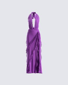 If you want to get everything you want, just wear this dress 👑 Made from georgette fabric, and complete with ruffle and ruching details, a high slit, and a low open back - this purple maxi dress will have everyone treating you like royalty 💜 Finesse Dress, White Corset Dress, Purple Two Piece, Future Of Fashion, Purple Maxi, Yellow Mini Dress, Purple Maxi Dress, Fits Aesthetic, Ruffle Maxi Dress