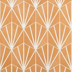 an orange and white art deco wallpaper with geometric lines in the center, on top of it