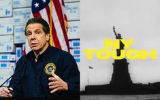 a man standing at a podium in front of a statue of liberty with the words ny tough on it