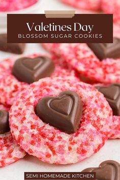 valentine's day blossom sugar cookies with chocolate hearts