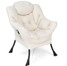 a white leather chair with black legs