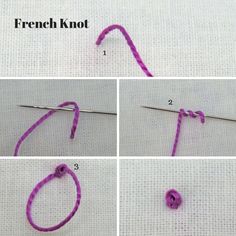 four pictures showing how to make a crochet knot