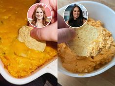 a person holding a tortilla chip in front of a casserole dish