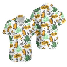 a white shirt with beer and pineapples on it, all over the print