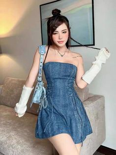 Denim Upcycle Clothing, Denim Corset Dress, Mini Outfits, Denim Upcycle, Upcycle Clothing, Ideal Closet, Denim Corset, Denim Dresses, Korean Dress