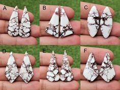 four pictures showing different angles of white and brown marbled objects in the palm of a person's hand